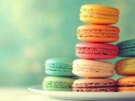 Stack of Colorful Macarons on a Pastel Background, Vibrant stack of assorted macarons on a white plate with a dreamy pastel background, perfect for a sweet tooth. photo