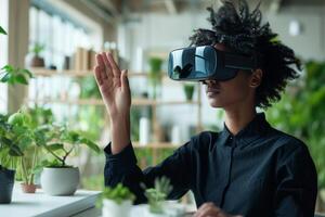 African American Woman Using Virtual Reality Headset, An African American woman is using a VR headset, gesturing with her hands as she interacts with a virtual environment. photo