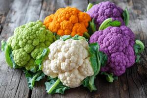 Colorful Cauliflower Selection on Wooden Surface, A display of colorful cauliflower varieties including white, orange, and purple heads on a rustic wooden surface. photo