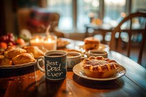 Cozy Family Breakfast with a Best Dad Ever Mug, A warm family breakfast table featuring a Best Dad Ever' mug, surrounded by pastries and soft morning light. photo