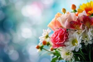 Vibrant Bouquet of Flowers with Bokeh Background, A colorful bouquet with roses, daisies, and lilies, highlighted by a glistening bokeh background. photo