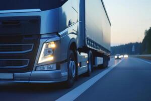 Freight Truck on Highway at Twilight, Modern freight truck in motion on a highway during twilight, headlights brightening the dusky road. photo
