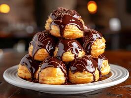 Decadent Chocolate Drizzled Profiteroles, Delicious profiteroles generously drizzled with rich chocolate sauce, arranged in a tempting stack on a white plate. photo