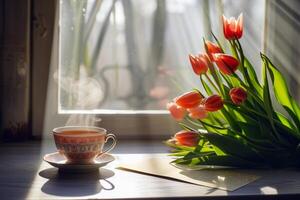 Serene Morning Tea with Blooming Tulips, A steaming cup of tea on a wooden table with bright tulips in the soft morning light, creating a peaceful ambiance. photo