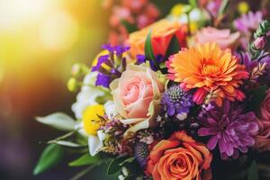 Vibrant Bouquet of Flowers with Bokeh Background, A colorful bouquet with roses, daisies, and lilies, highlighted by a glistening bokeh background. photo