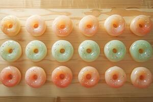 Pastel Donuts in a Row on Bright Wooden Table, A selection of pastel-colored donuts with sprinkles, lined up on a sunny wooden table. photo