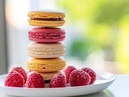Elegant Macaron Stack with a Bokeh Background, A stack of pastel macarons on a white plate, accentuated by a soft bokeh background for an elegant presentation. photo
