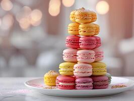 Elegant Macaron Stack with a Bokeh Background, A stack of pastel macarons on a white plate, accentuated by a soft bokeh background for an elegant presentation. photo
