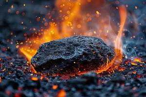 Fiery Sparks Surround a Rugged Black Rock in a Dynamic Scene photo