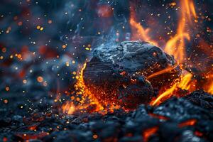 Intense Fire and Sparks Surrounding a Black Rock at Night photo