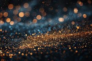 Golden Glitter on Black Background with Elegant Bokeh Effect photo