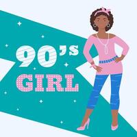 A girl in a tunic and leggings in a retro style. 90 characters. y2k characters. Fashion of the 90s. vector