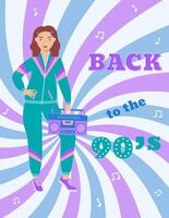 A4 poster with a girl in a tracksuit with a retro-style tape recorder. 90 characters. y2k characters. Fashion of the 90s. vector