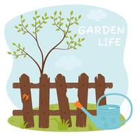 A composition of a garden watering can, a fence, a tree with leaves and a ladybug. vector