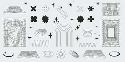 Brutalist abstract geometric shapes and wireframes. Bold figures and grids. Set of editable stroke elements, y2k aesthetic vector