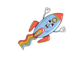 Cartoon groovy space rocket psychedelic character vector