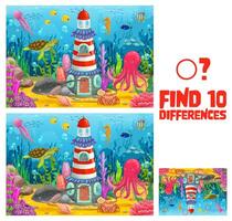 Find ten differences on underwater lighthouse vector