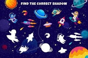Kids game, find correct shadow of space objects vector