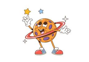 Retro groovy space planet character and stars vector