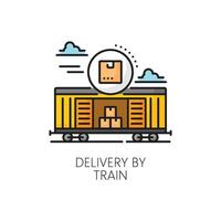 Delivery by train line icon, rail car with boxes vector
