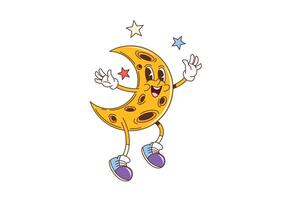 Retro groovy moon, joyful crescent character vector