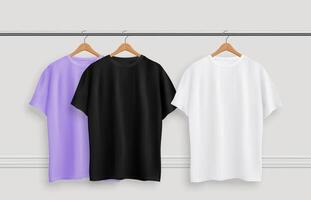 Realistic t shirts on the rack. 3d mockup vector