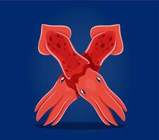 mar animales submarino fuente, letra X gracioso calamares vector