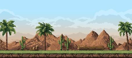 8 bit pixel prairie desert landscape and mountains vector