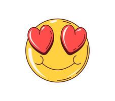 Retro y2k groovy love emoji with red heart eyes vector