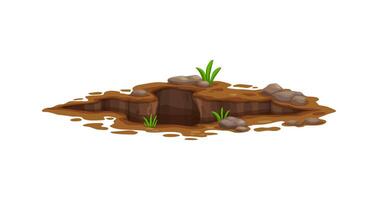 Ground hole, deep dirty pit in soil or mud surface vector