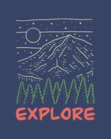 Explore the nature mountain in the night mono line design illustration vector