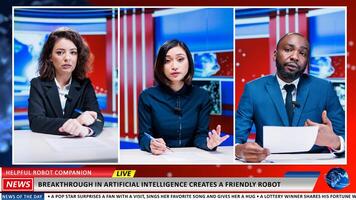 TV presenters talk about AI innovation on live expert show, IT specialists creating modern robot companion. Media journalists presenting development steps in artificial intelligence industry. photo