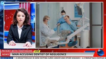Worrying details about dentist incompetence on live tv program, newscaster doing reportage about stomatology patient with toothache problems. Man with caries suing dentistry cabinet. photo