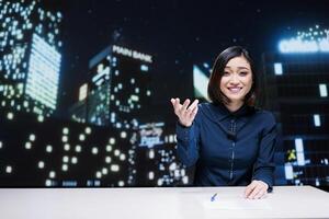 Night show host broadcasting live segment to present breaking news and latest topics, global tv program. Journalist creating newscast reportage in newsroom, transmitting exclusive headlines. photo