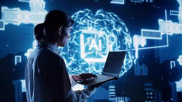 System admin in data center running programming scripts on laptop, solving tasks. Certified developer manipulating lines of code for artificial intelligence applications development photo