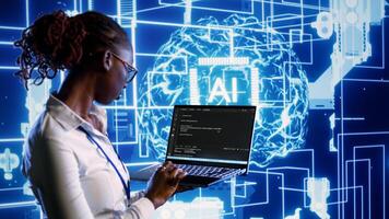 Knowledgeable IT consultant programming scripts on laptop, employing AI machine learning. Computer science practitioner manipulating lines of code for artificial intelligence applications development photo