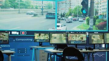 National protection agency headquarters with radar systems and satellite surveillance equipment to observe traffic via recordings. Office space used for monitoring inspection. photo