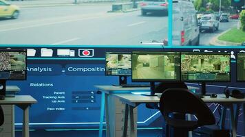 Empty observation room office with CCTV surveillance footage on a big screen, agency working on traffic control and monitoring public safety. Professional satellite reconnaissance system. photo