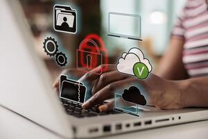 Cybersecurity privacy of data protection and system lock key, woman using laptop with secure encryption technology firewall security on online network. AI secured access to use personal data. photo