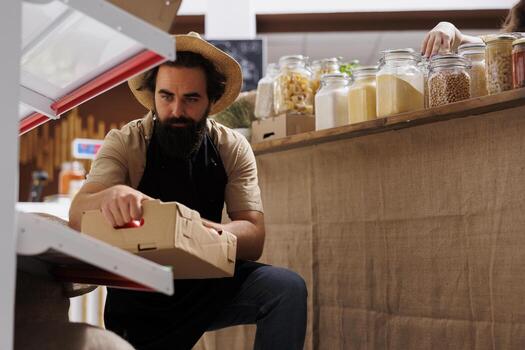 comerciante agregando cajas lleno de de cosecha propia vegetales desde su propio jardín en cero residuos tienda estantes. Encargado de tienda reposición local barrio Tienda con bio Respetuoso del medio ambiente comida artículos foto