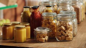 Close up on bulk food items in reusable glass jars used by environmentally friendly supermarket to lower climate impact. Local shop pantry staples in biodegradable nonpolluting packaging, panning shot photo
