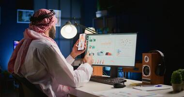 Muslim teleworker and coworkers in internet call checking analytical data statistics. Arab manager optimizing key performance indicators in teleconference meeting with subalterns photo