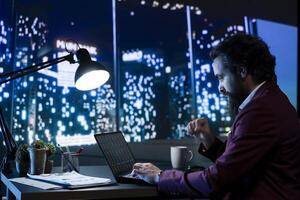 Investment consultant analyzing global business activity online, looking to sell on stock market and develop income. Wealthy CEO evaluating international exchange seeks to boost capital. photo