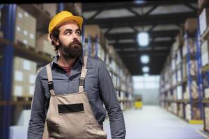 Warehouse engineer counting pallets of cargo stock ready for shipment, working on ensuring merchandise delivery. Customs compliance expert doing quality control for retail industry. photo