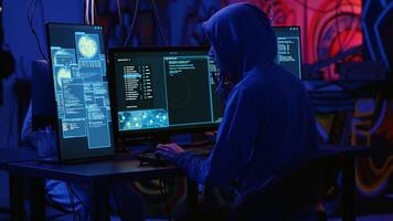 Hackers in dark room running code to breach defenses and exploit weaknesses in computer systems. Evil developers in basement getting past companies security networks, handheld camera shot photo