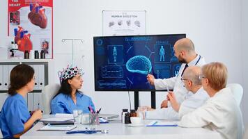 Group of specialist doctors analysing brain functions using high tech in medical boardroom, nurse testing new innovation. Medic studying diagnosis of patients working in hospital conference room photo