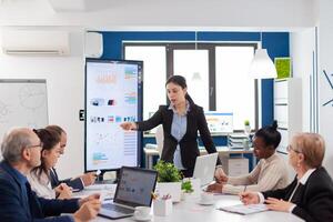 Angry company ceo having a dispute with multiethnic employees during briefing in meeting room. Businesswoman raging about multitasking difficult job, screaming in boardroom photo