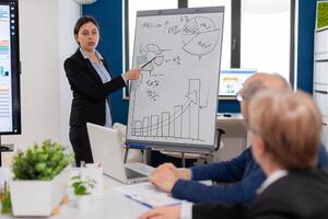 Company head standing in front of audience diverse staff members making presentation. Serious speaker boss executive, business trainer explaining development strategy to motivated mixed race employees. photo