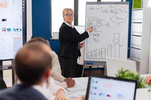 Mature businesswoman writing on white board, presenting sales evolution answering question. Serious speaker boss executive, business trainer explaining development strategy to motivated mixed race employees. photo