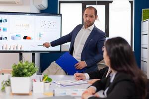 Successful team leader briefing pointing explaining project in conference room brainstorming. Corporate staff discussing new business application with colleagues looking at screen photo